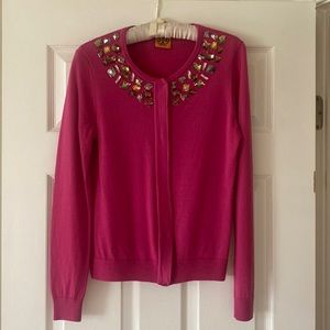 Tory Burch Jewel Embellished Cardigan in lipstick pink, size small